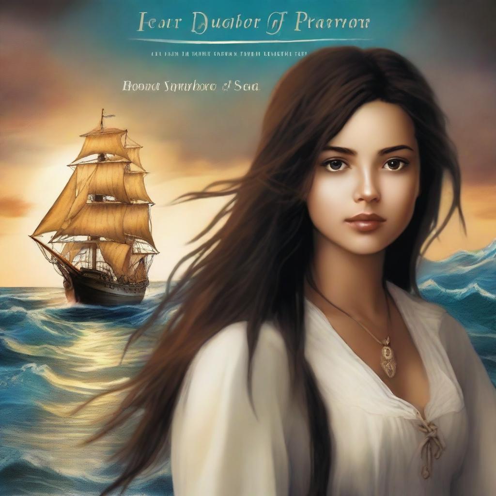 Create a book cover featuring Pearl Sparrow, the 18-year-old daughter of Jack Sparrow with long black hair, seen from the back so her face is not visible