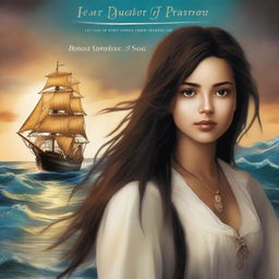 Create a book cover featuring Pearl Sparrow, the 18-year-old daughter of Jack Sparrow with long black hair, seen from the back so her face is not visible