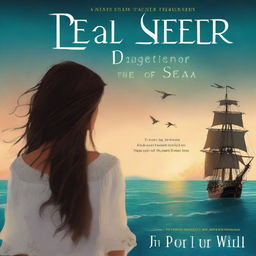 Create a book cover featuring Pearl Sparrow, the 18-year-old daughter of Jack Sparrow with long black hair, seen from the back so her face is not visible