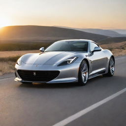 Luxury sports car in chrome silver,               parked on an open road at sunset