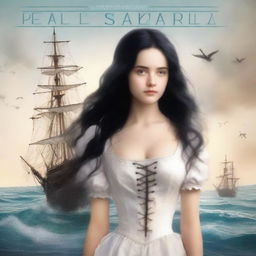 Create a book cover featuring the back of Pearl Sparrow, an 18-year-old who ran away from home and is now the captain of her own ship