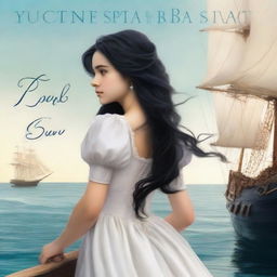 Create a book cover featuring the back of Pearl Sparrow, an 18-year-old who ran away from home and is now the captain of her own ship