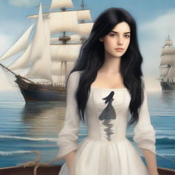 Create a book cover featuring the back of Pearl Sparrow, an 18-year-old who ran away from home and is now the captain of her own ship