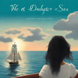 Create an image of a book cover where Pearl Sparrow, an 18-year-old with long black hair styled in a 90's blowout, is shown from the back, looking out at the sea from her sailing ship