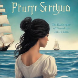 Create an image of a book cover where Pearl Sparrow, an 18-year-old with long black hair styled in a 90's blowout, is shown from the back, looking out at the sea from her sailing ship