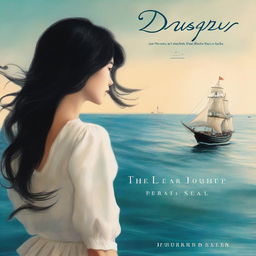 Create an image of a book cover where Pearl Sparrow, an 18-year-old with long black hair styled in a 90's blowout, is shown from the back, looking out at the sea from her sailing ship