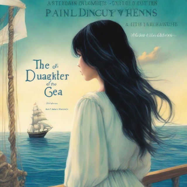 Create an image of a book cover where Pearl Sparrow, an 18-year-old with long black hair styled in a 90's blowout, is shown from the back, looking out at the sea from her sailing ship