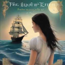 Create an image of a book cover featuring Pearl Sparrow, the 18-year-old daughter of Jack Sparrow