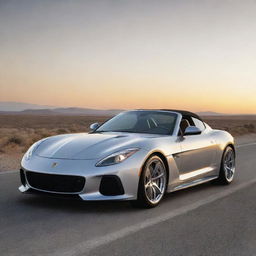 Luxury sports car in chrome silver,               parked on an open road at sunset