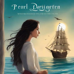 Create an image of a book cover featuring Pearl Sparrow, the 18-year-old daughter of Jack Sparrow