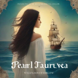 Create an image of a book cover featuring Pearl Sparrow, the 18-year-old daughter of Jack Sparrow