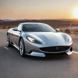 Luxury sports car in chrome silver,               parked on an open road at sunset