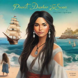 Create a book cover featuring Pearl Sparrow, an 18-year-old pirate with long black hair styled in a 90's blowout