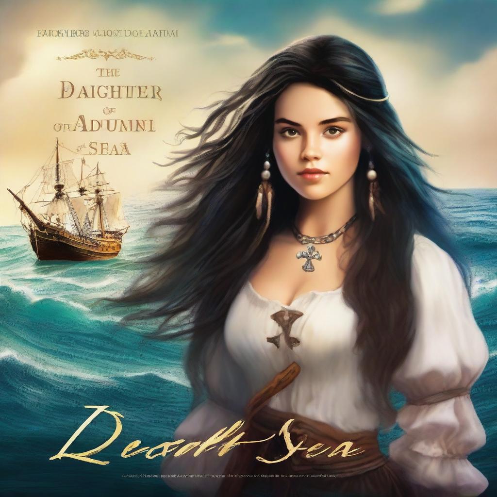 Create a book cover featuring Pearl Sparrow, an 18-year-old pirate with long black hair styled in a 90's blowout