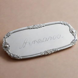 A silver nameplate with the name 'Ananya' engraved on it in a elegant cursive script.