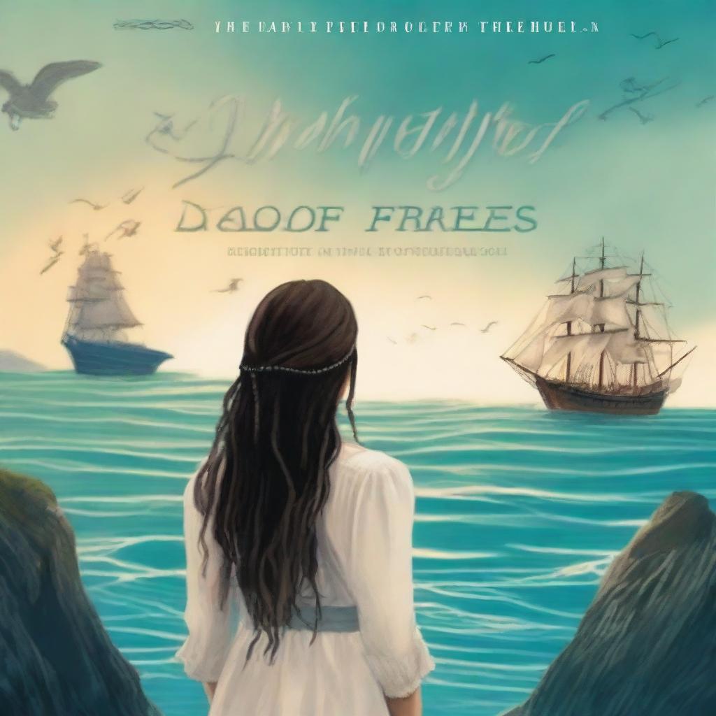 Create a book cover featuring the back view of Pearl Sparrow, the 18-year-old daughter of Jack Sparrow who ran away from home and is now the captain of her own ship with long black hair