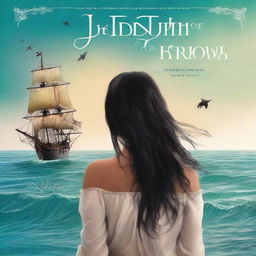 Create a book cover featuring the back view of Pearl Sparrow, the 18-year-old daughter of Jack Sparrow who ran away from home and is now the captain of her own ship with long black hair