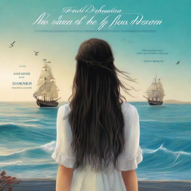 Create a book cover featuring the back view of Pearl Sparrow, the 18-year-old daughter of Jack Sparrow who ran away from home and is now the captain of her own ship with long black hair