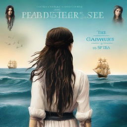 Create an image of a book cover where we see the back of Pearl Sparrow, Jack Sparrow's 18-year-old daughter