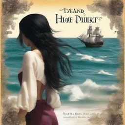 Create an image of a book cover where Pearl Sparrow, an 18-year-old pirate with long black hair styled in a 90's blowout, is facing the sea and her back is towards us so we can't see her face