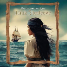 Create an image of a book cover where Pearl Sparrow, an 18-year-old pirate with long black hair styled in a 90's blowout, is facing the sea and her back is towards us so we can't see her face