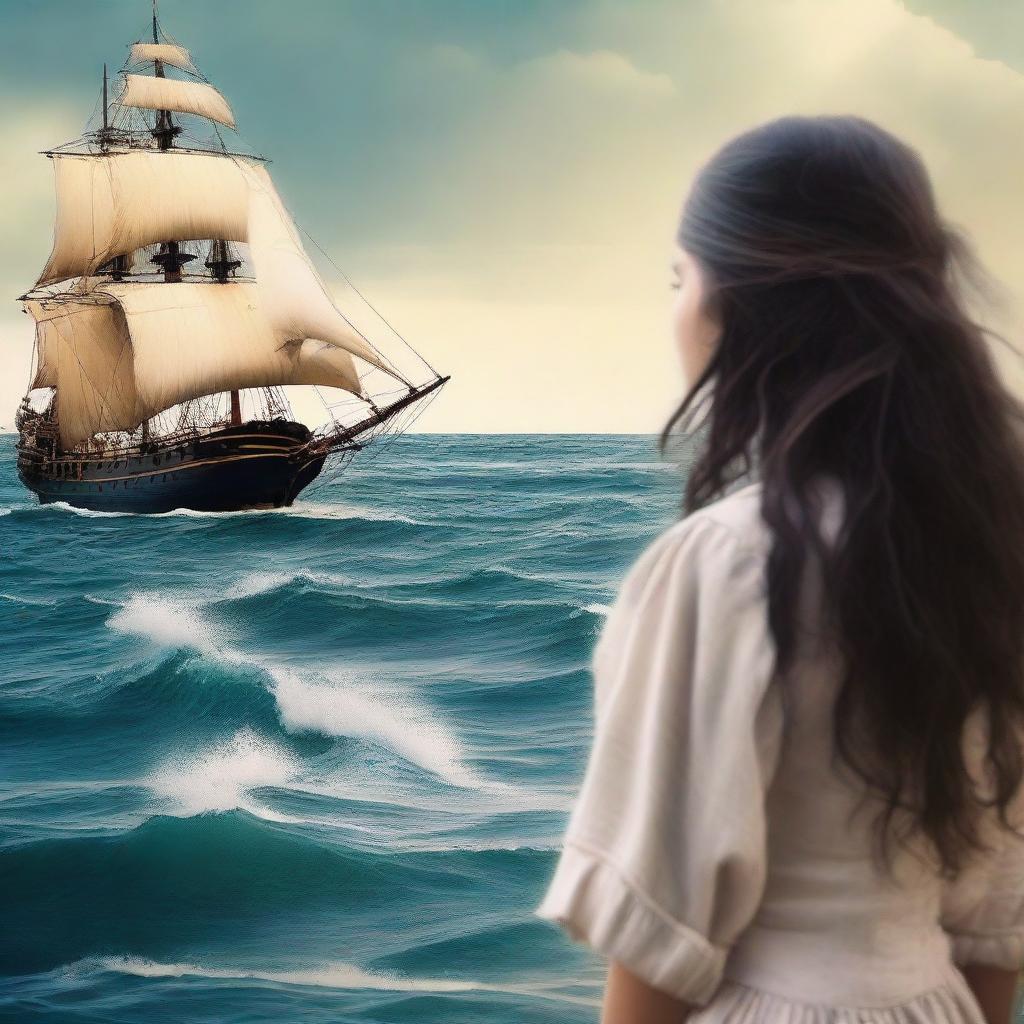 Create an image of a book cover where Pearl Sparrow, an 18-year-old pirate with long black hair styled in a 90's blowout, is facing the sea and her back is towards us so we can't see her face