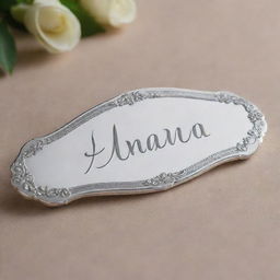 A silver nameplate with the name 'Ananya' engraved on it in a elegant cursive script.