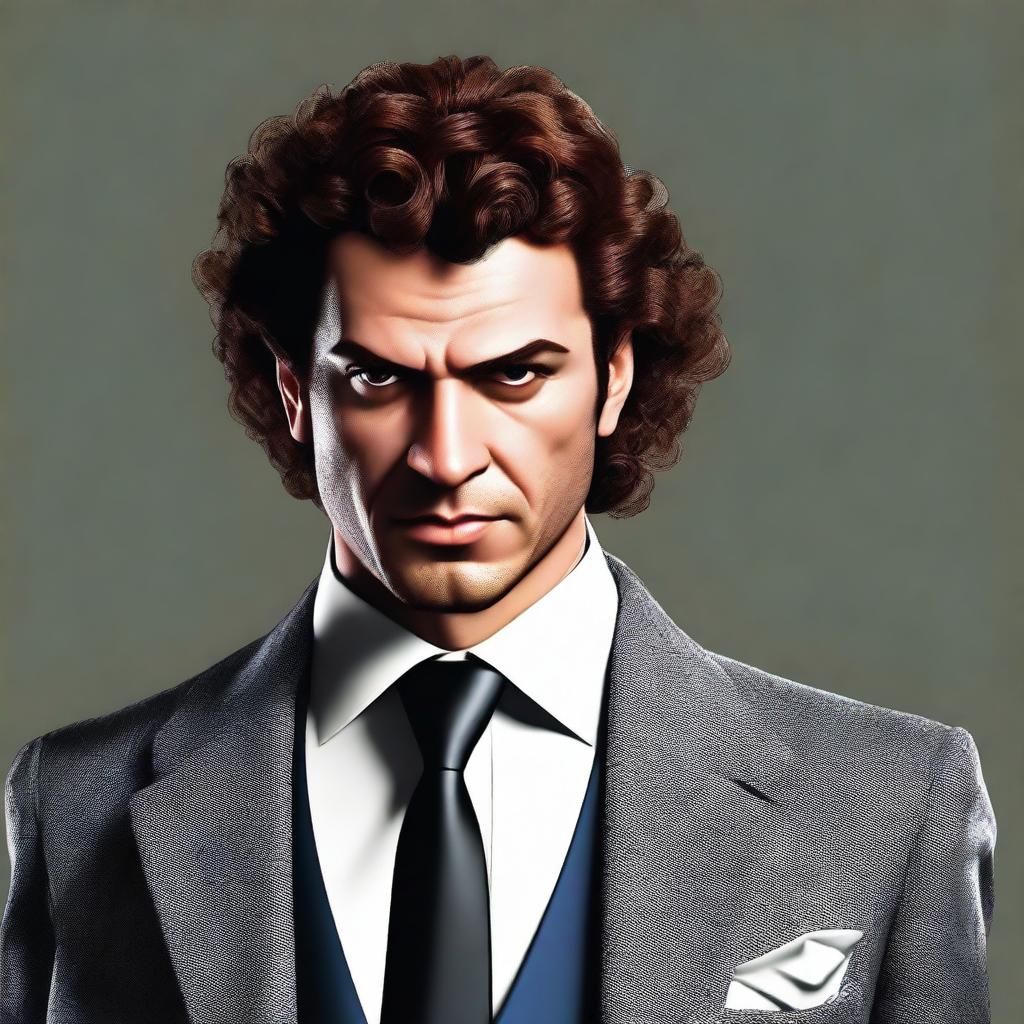 Generate an image of a mafia agent with distinctive curly hair