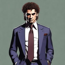 Generate an image of a mafia agent with distinctive curly hair