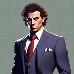 Generate an image of a mafia agent with distinctive curly hair