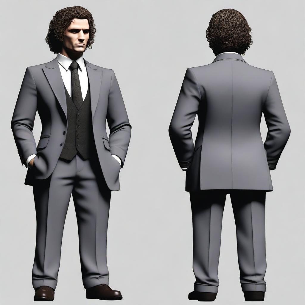 Generate an image showing the back of a mafia agent with curly hair