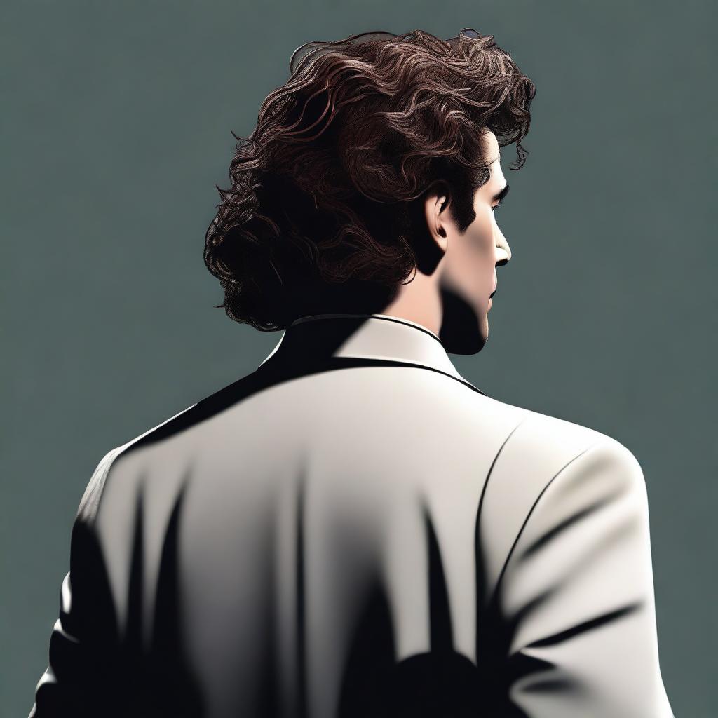 Generate an image showing the back of a mafia agent with curly hair