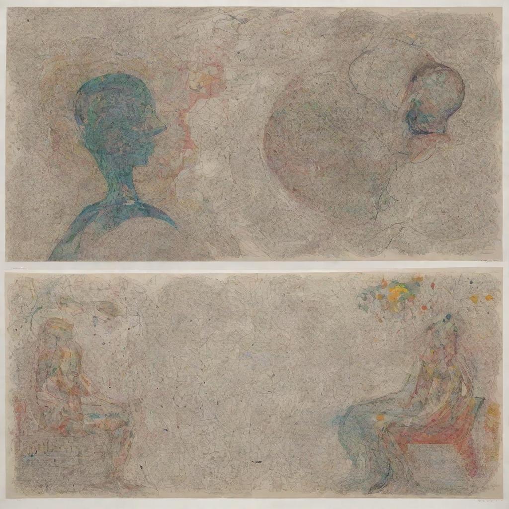 Two scenes side by side. On the left, an intricate mental map, filled with abstract shapes representing thoughts, ideas, and emotions. On the right, a physical body sitting peacefully within a defined, three-dimensional space.