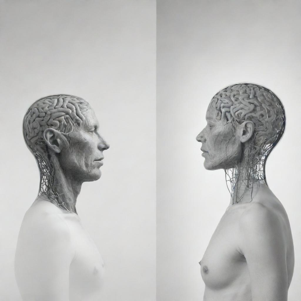 Two contrasting scenes. First, an abstract depiction representing cognitive space filled with various thoughts, ideas and emotions. Second, a realistic portrayal of a human body situated within physical space.