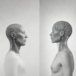 Two contrasting scenes. First, an abstract depiction representing cognitive space filled with various thoughts, ideas and emotions. Second, a realistic portrayal of a human body situated within physical space.