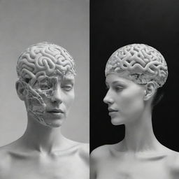 Two contrasting scenes. First, an abstract depiction representing cognitive space filled with various thoughts, ideas and emotions. Second, a realistic portrayal of a human body situated within physical space.