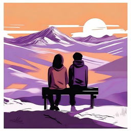 A lonely boy and girl sitting on a bench, their backs to the viewer, as they overlook a desolate, rugged mountain landscape