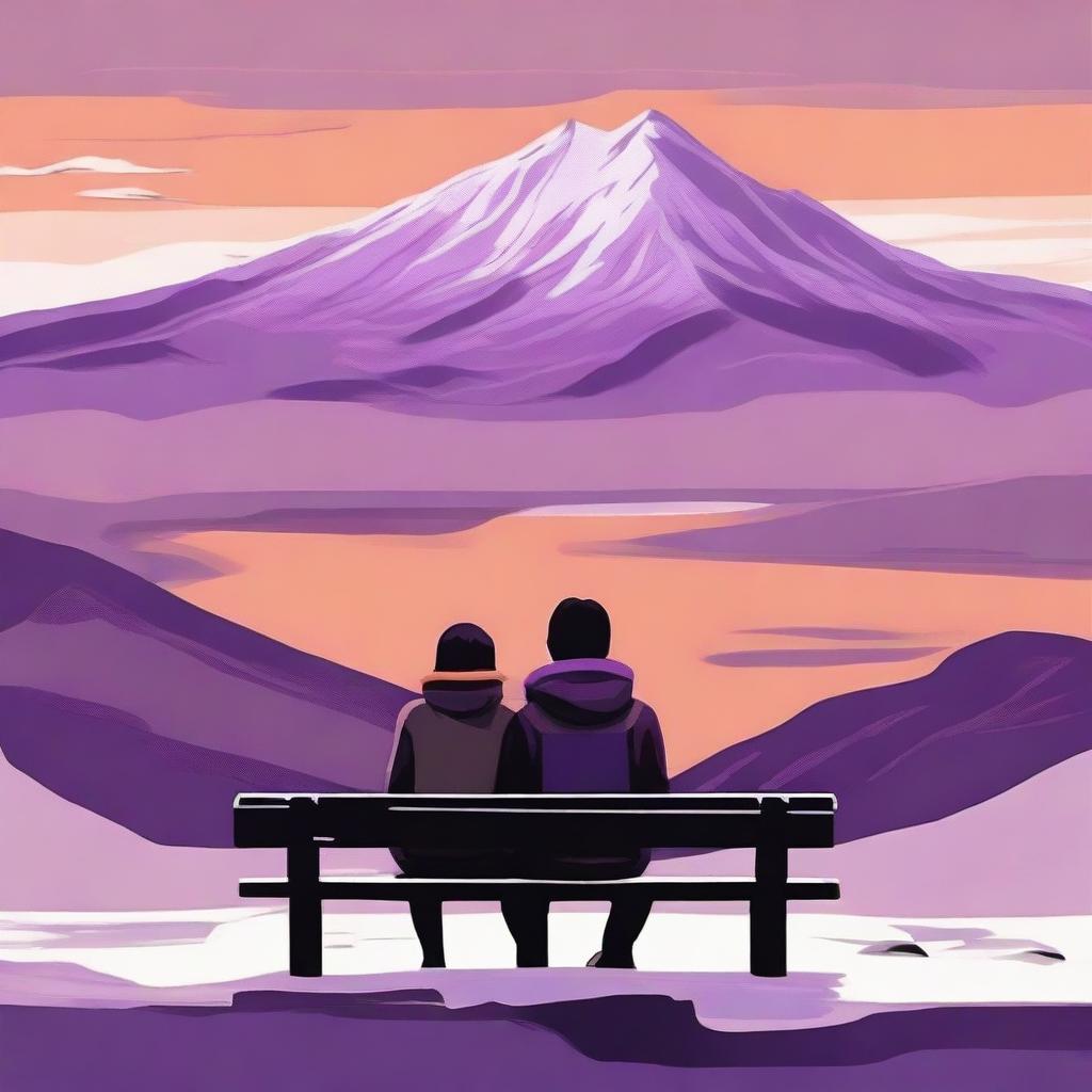 A lonely boy and girl sitting on a bench, their backs to the viewer, as they overlook a desolate, rugged mountain landscape