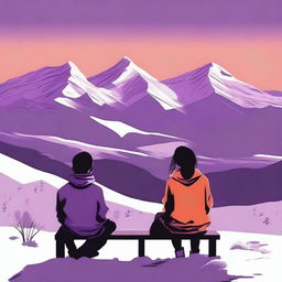 A lonely boy and girl sitting on a bench, their backs to the viewer, as they overlook a desolate, rugged mountain landscape