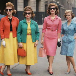 Stylish women flaunting ensembles from the 50s, 60s, and 70s in vibrant colors, complete with vintage accessories and hairstyles.