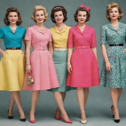 Stylish women flaunting ensembles from the 50s, 60s, and 70s in vibrant colors, complete with vintage accessories and hairstyles.