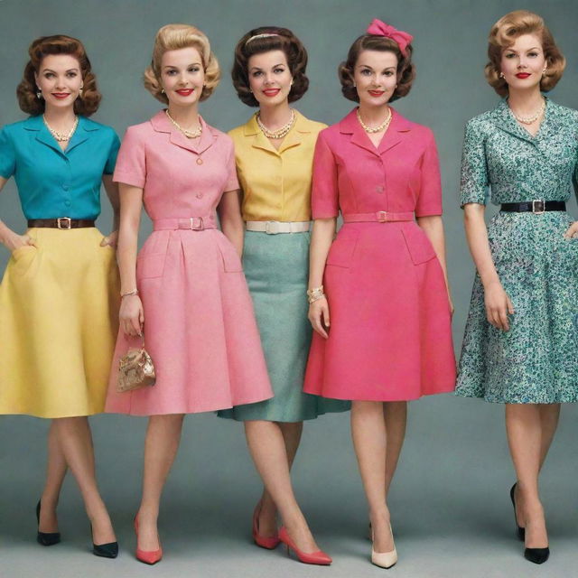 Stylish women flaunting ensembles from the 50s, 60s, and 70s in vibrant colors, complete with vintage accessories and hairstyles.