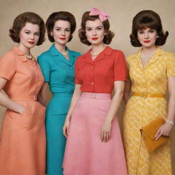 Stylish women flaunting ensembles from the 50s, 60s, and 70s in vibrant colors, complete with vintage accessories and hairstyles.