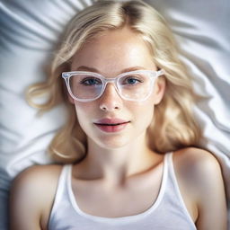 Create a photorealistic image of a young blonde teenager wearing glasses, laying in bed