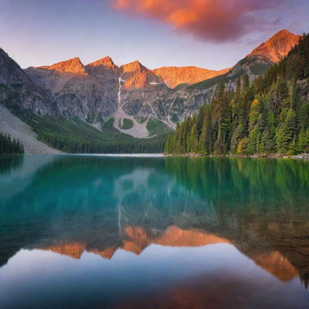 A serene mountain landscape at sunset, with the vibrant colors reflecting on a tranquil lake.