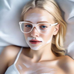 Generate a tasteful, photorealistic image of a young blonde teenager wearing glasses, laying in bed
