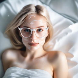 Generate a tasteful, photorealistic image of a young blonde teenager wearing glasses, laying in bed