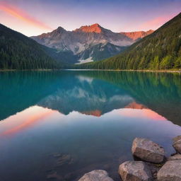 A serene mountain landscape at sunset, with the vibrant colors reflecting on a tranquil lake.