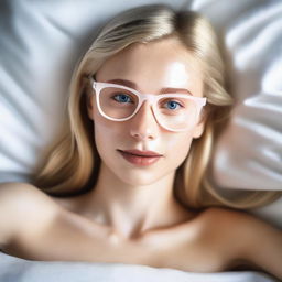 Generate a tasteful, photorealistic image of a young blonde teenager wearing glasses, laying in bed