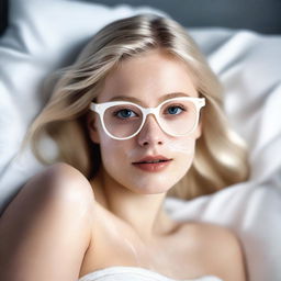 Generate a tasteful, photorealistic image of a young blonde teenager wearing glasses, laying in bed